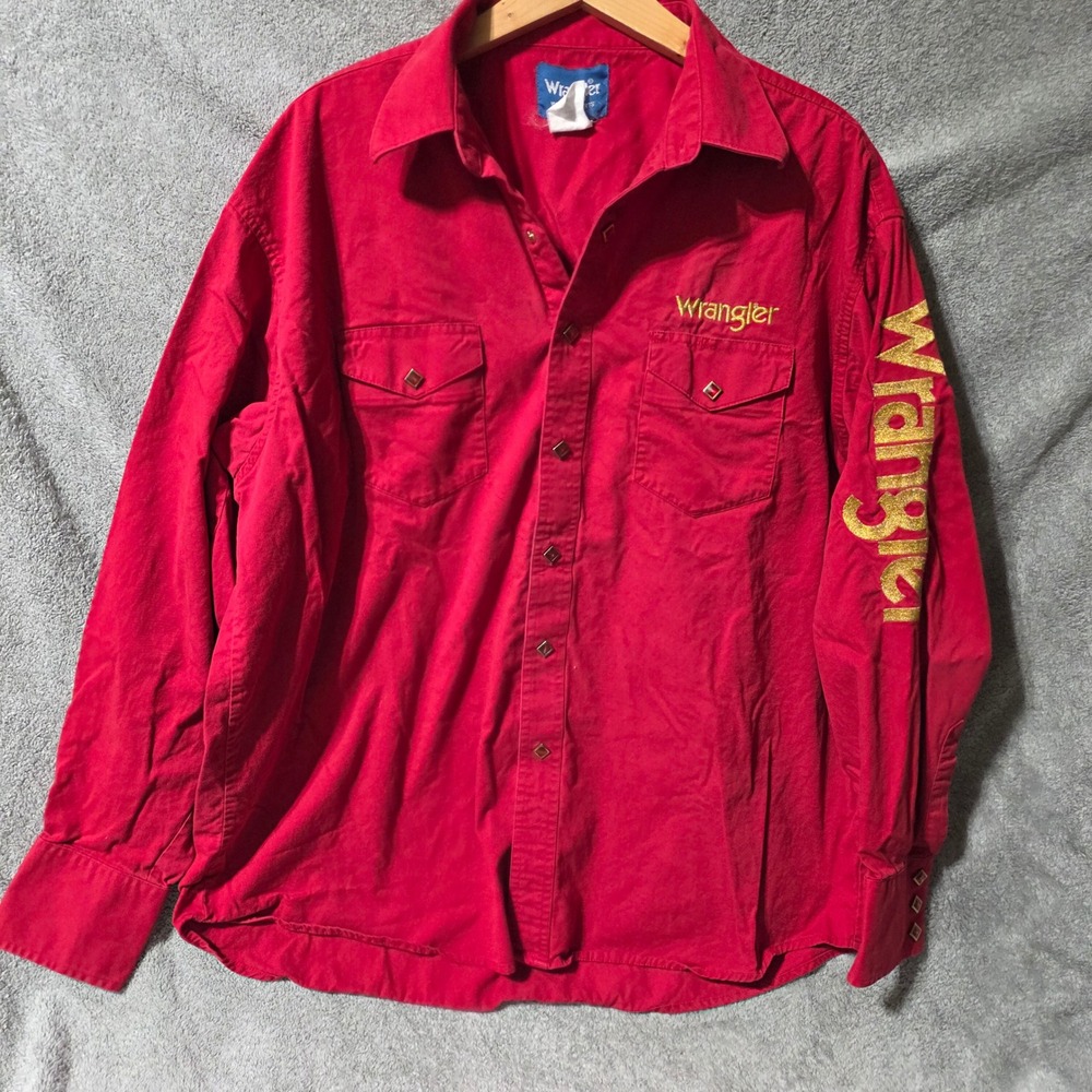 Wrangler Western Shirt Mens XL Red Gold Glitter Logo Pearl Snap Long Sleeve